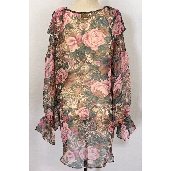 Victoria’s Secret Gold Label Sheer Floral Blouse Pearl Button VNeck Romantic M/L - Picture 5 of 15